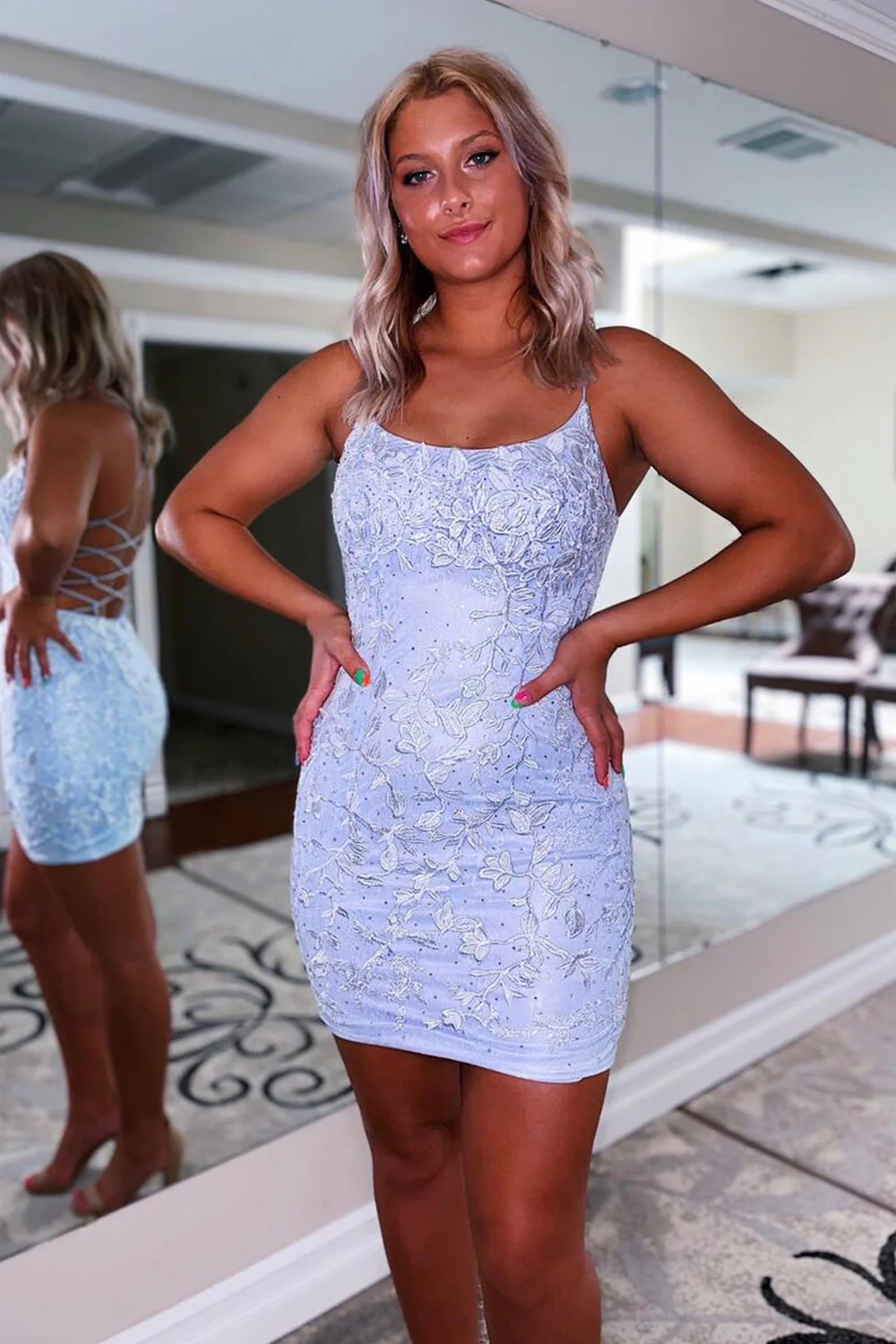 Sky Blue Spaghetti Straps Lace Tight Short Homecoming Dress