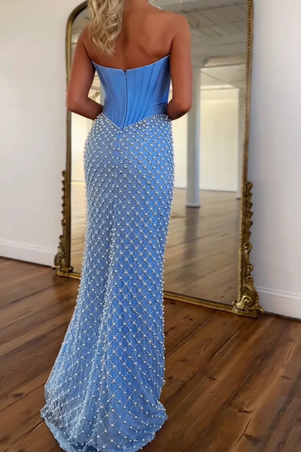 Sparkly Blue Corset Mermaid Strapless Long Prom Dress with Pearls