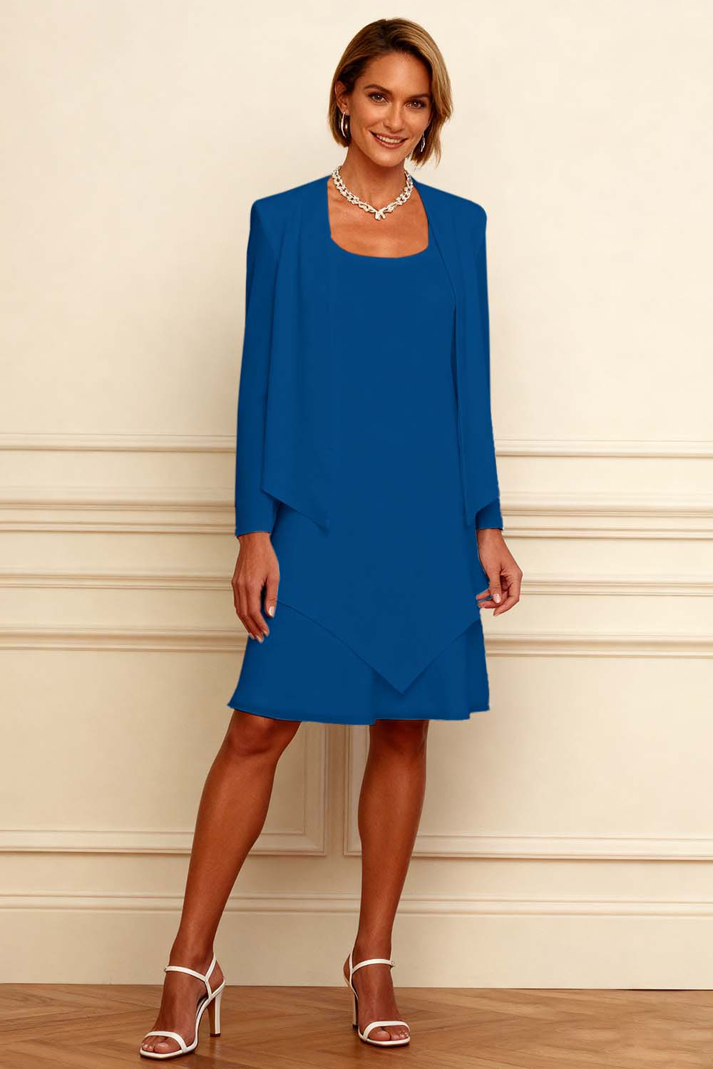 Homrain Women Ink Blue Knee-Length 2 Piece Mother of the Bride Dress with Jacket Scoop Neck Chiffon Mother of the Groom Dress with Sleeves