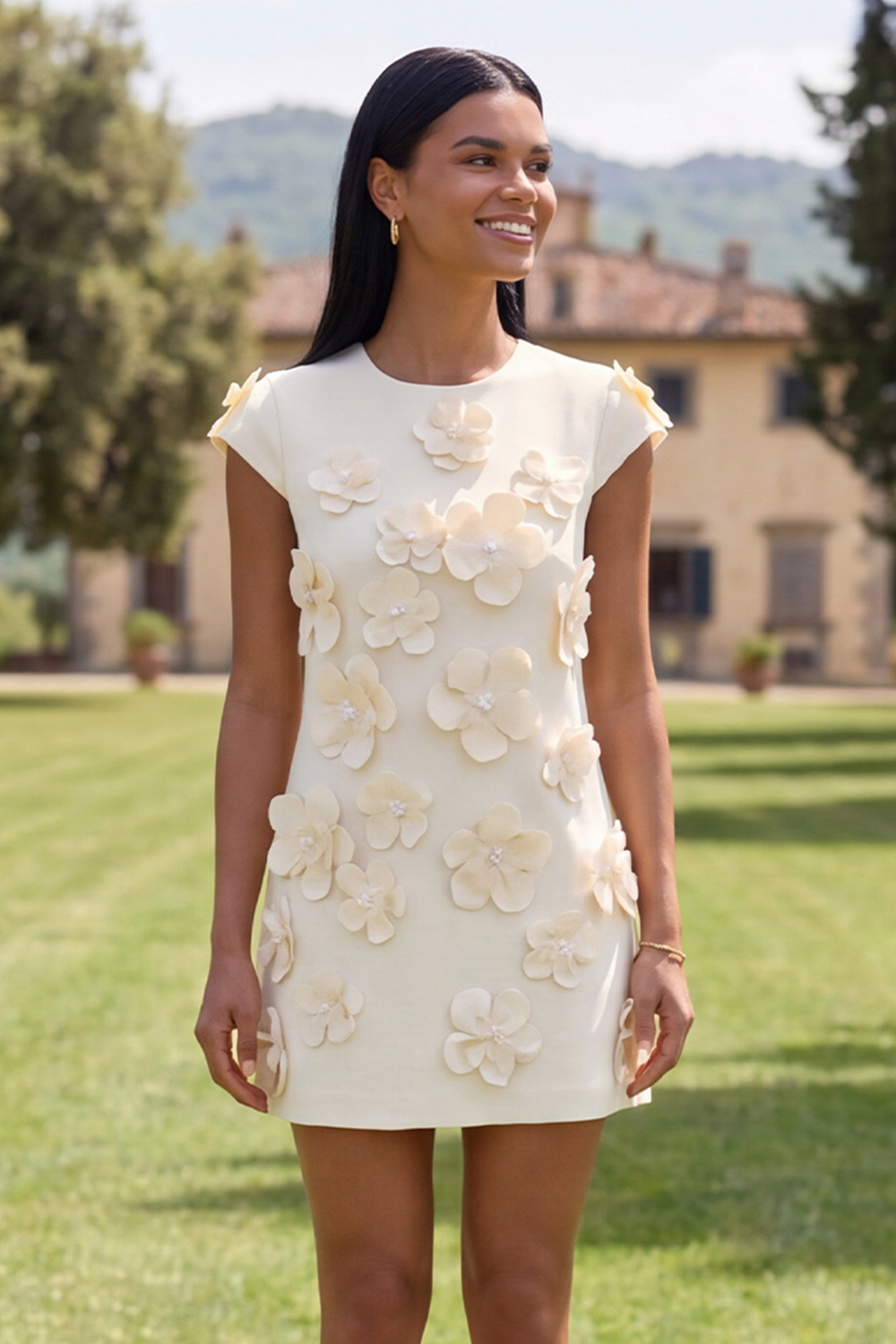 Butter Ivory Floral Round Neck Short Homecoming Dress with Sleeves