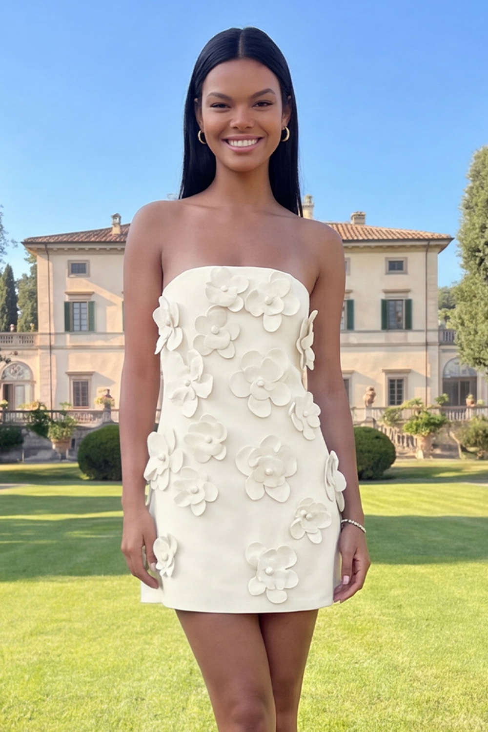 Yellow Floral Strapless Short Homecoming Dress
