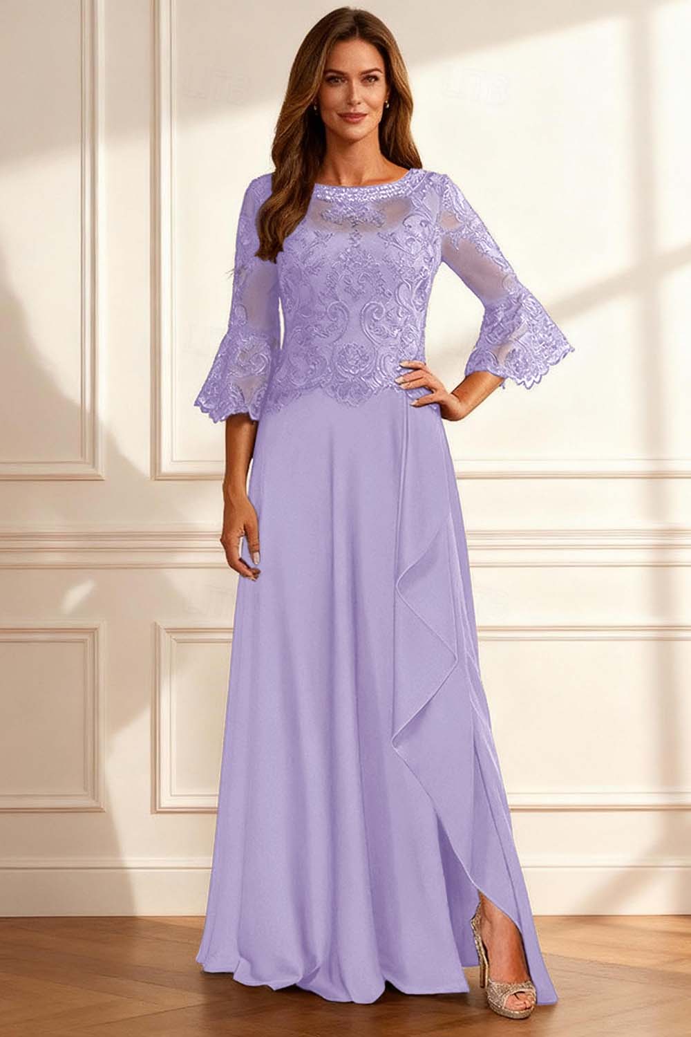 Sparkly Coffee Beaded Ruffled A Line Floor-Length Mother of the Bride Dress with Lace