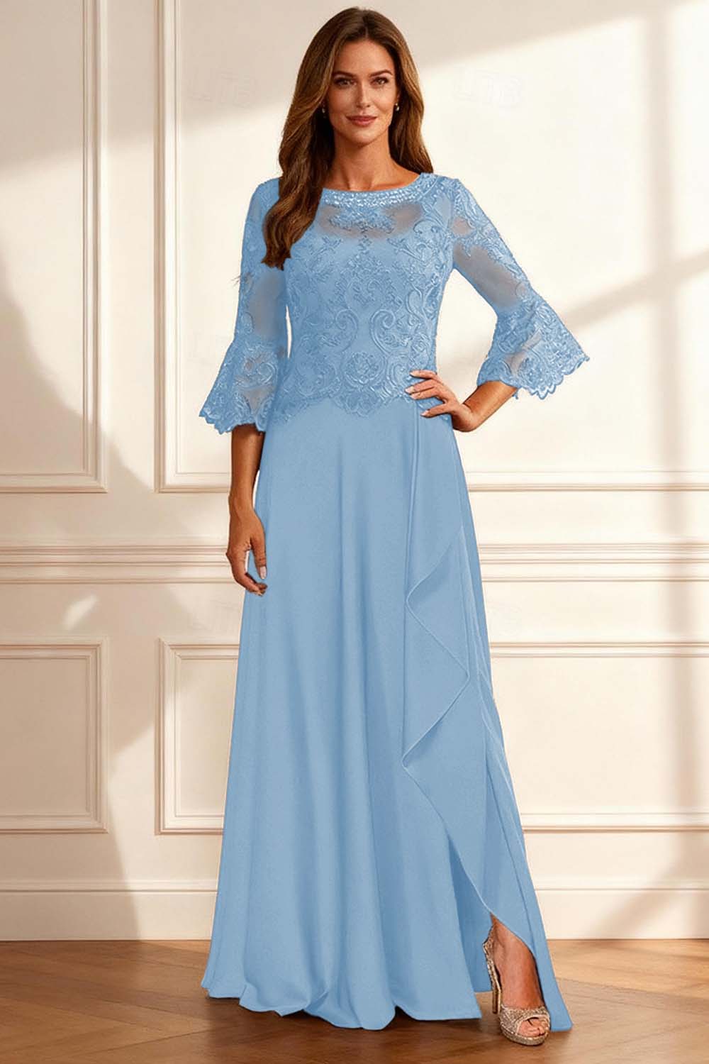 Sparkly Coffee Beaded Ruffled A Line Floor-Length Mother of the Bride Dress with Lace