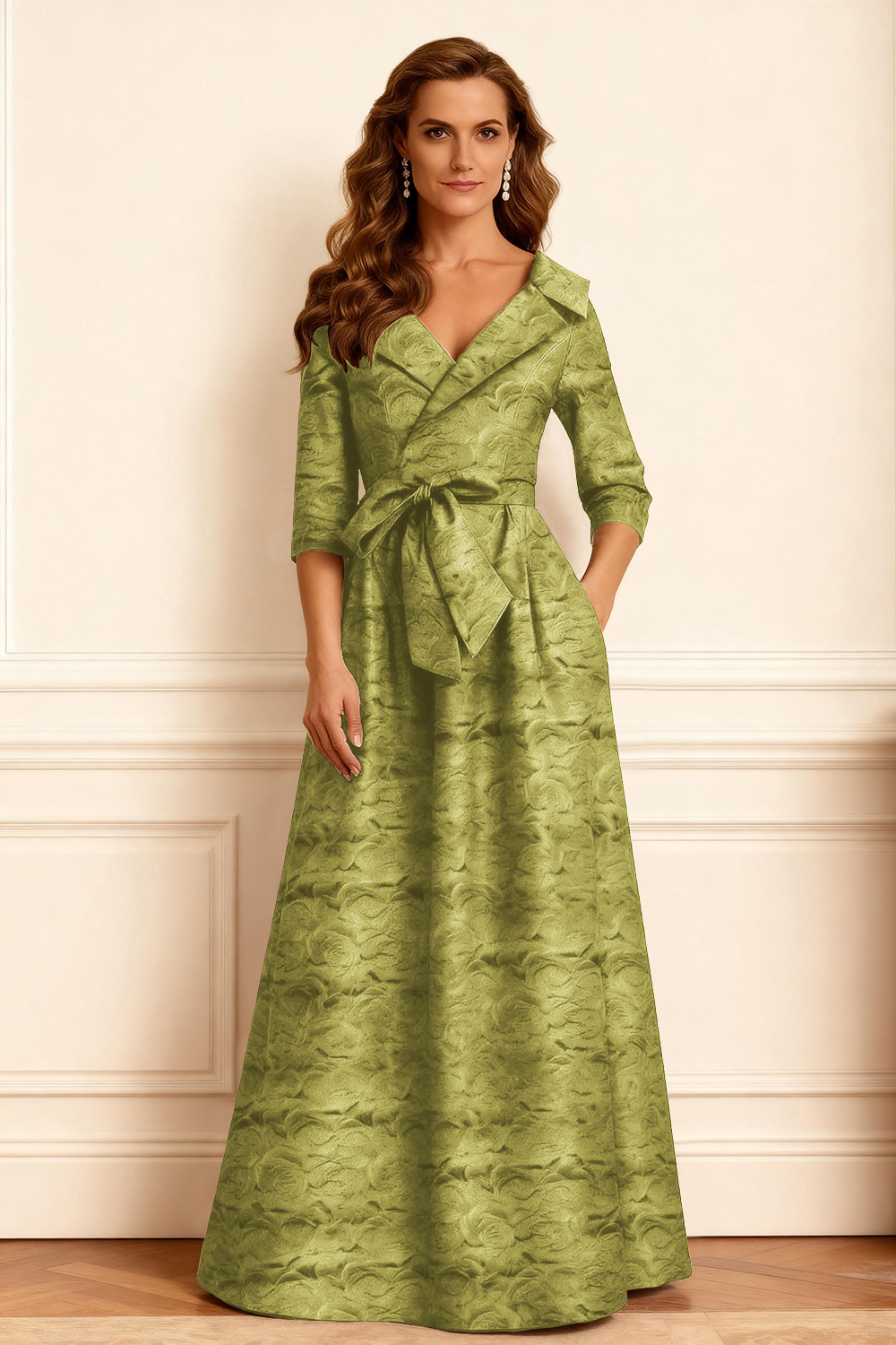 Burgundy Jacquard A Line Notched Lapel Long Mother of the Bride Dress with Bow