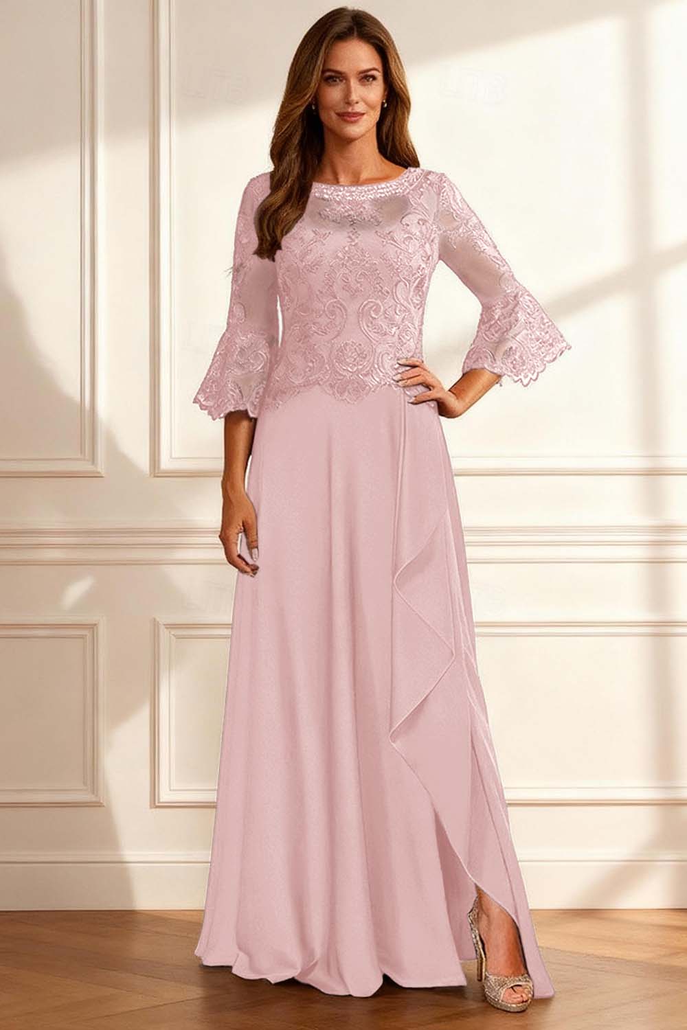 Sparkly Coffee Beaded Ruffled A Line Floor-Length Mother of the Bride Dress with Lace