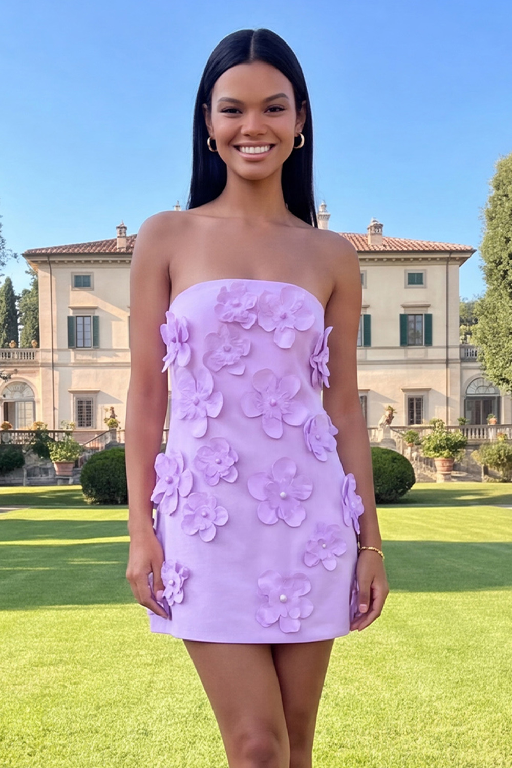Yellow Floral Strapless Short Homecoming Dress