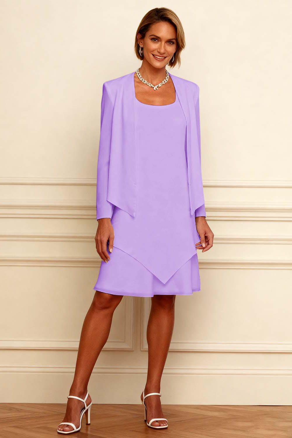 Ivory Scoop Neck Chiffon Knee-Length 2-Piece Mother of the Bride Dress with Jacket