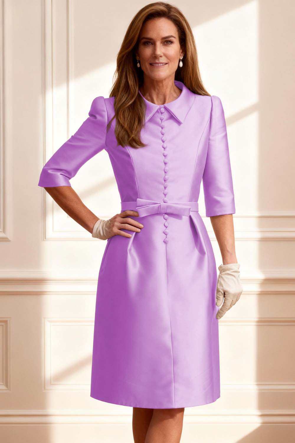 Silver Satin Bodycon Knee-Length Mother of the Bride Dress with Bow