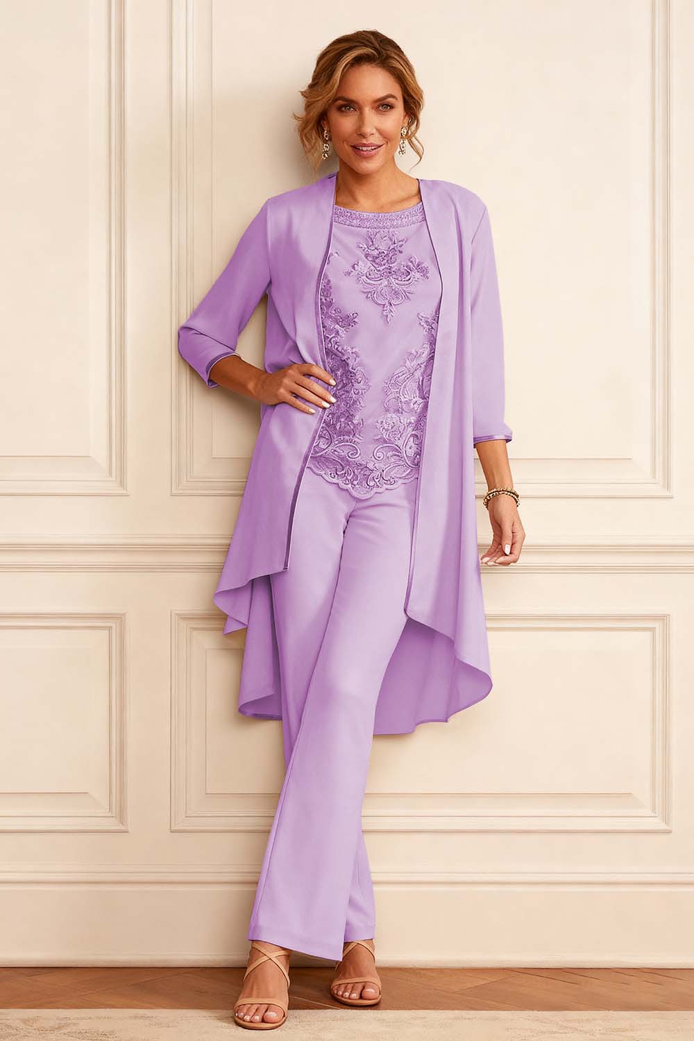 Apricot Round Neck 3 Piece Mother of the Bride Pant Suits with Jacket