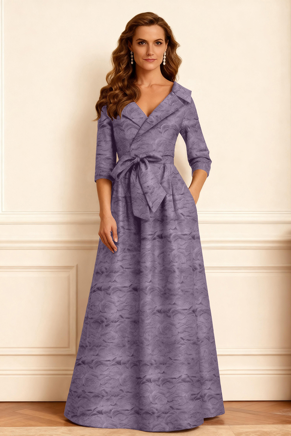 Burgundy Jacquard A Line Notched Lapel Long Mother of the Bride Dress with Bow