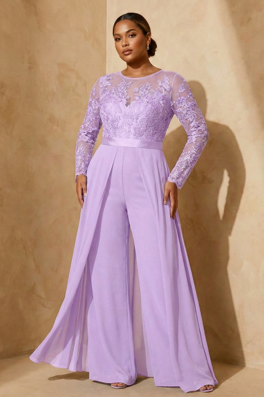 Black Chiffon Illusion Neck Floor-Length Mother Of The Bride Jumpsuit with Cape