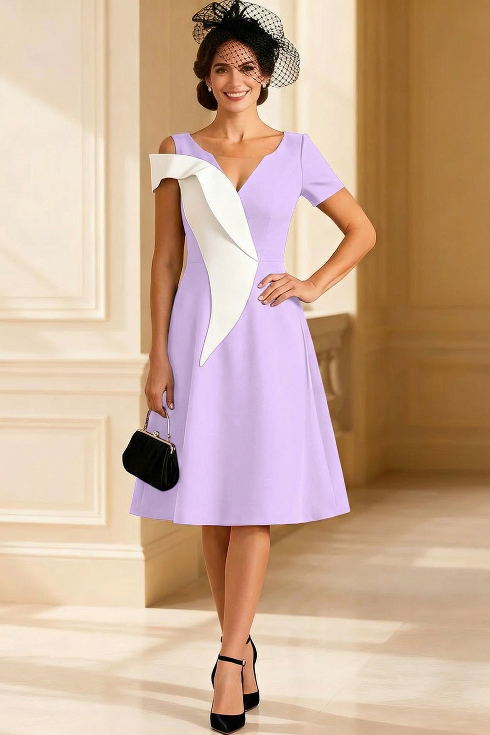 V Neck Black and White A Line Midi Mother of the Bride Dress