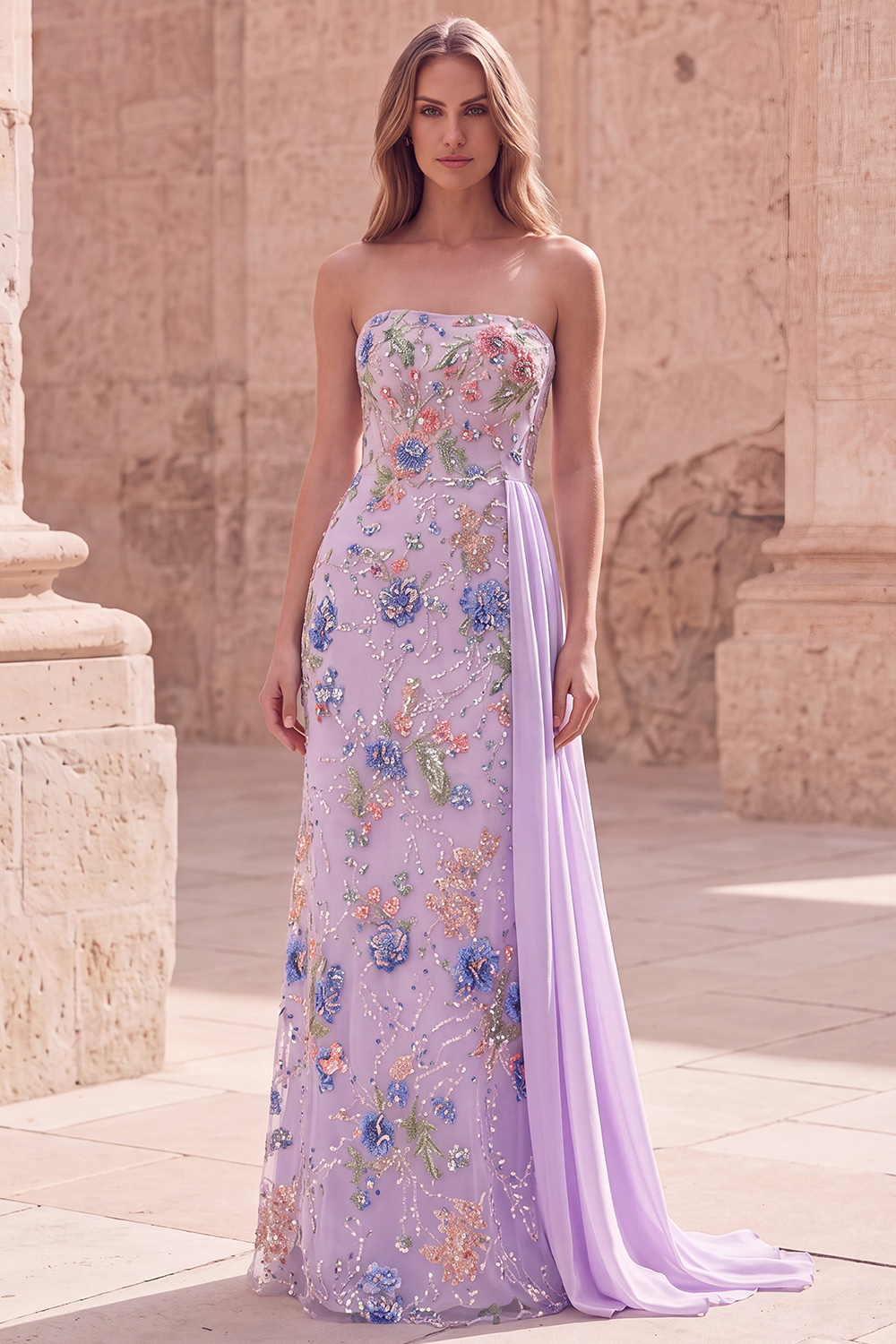 Sparkly Pink Beaded Floral Mermaid Long Formal Dress with Side Cape