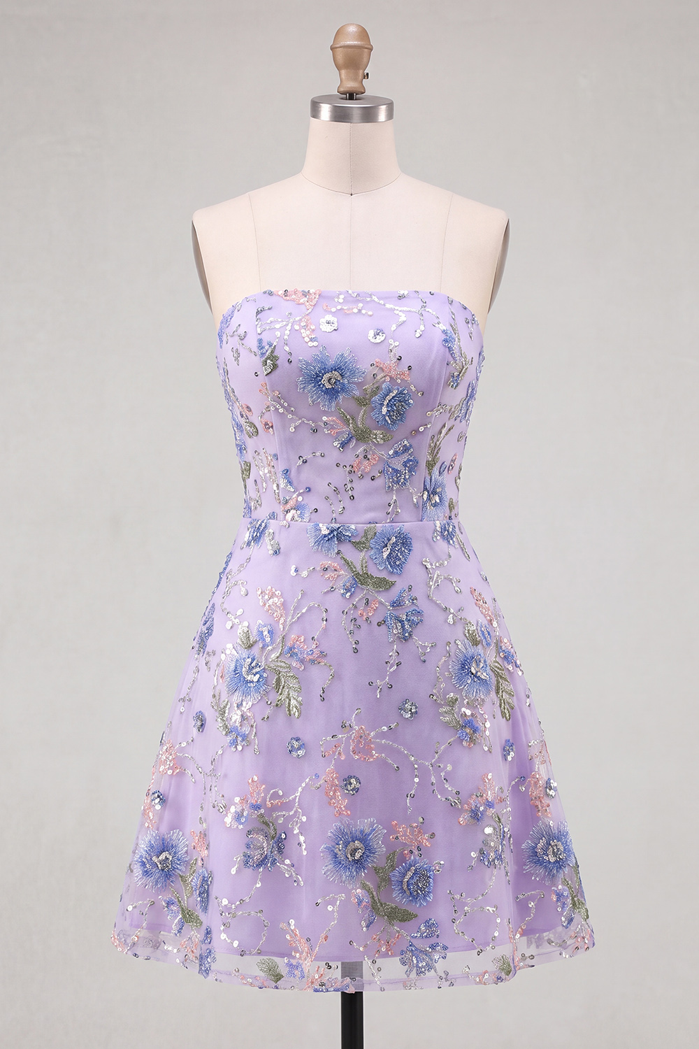 Sparkly Pink Beaded Floral A Line Strapless Short Homecoming Dress