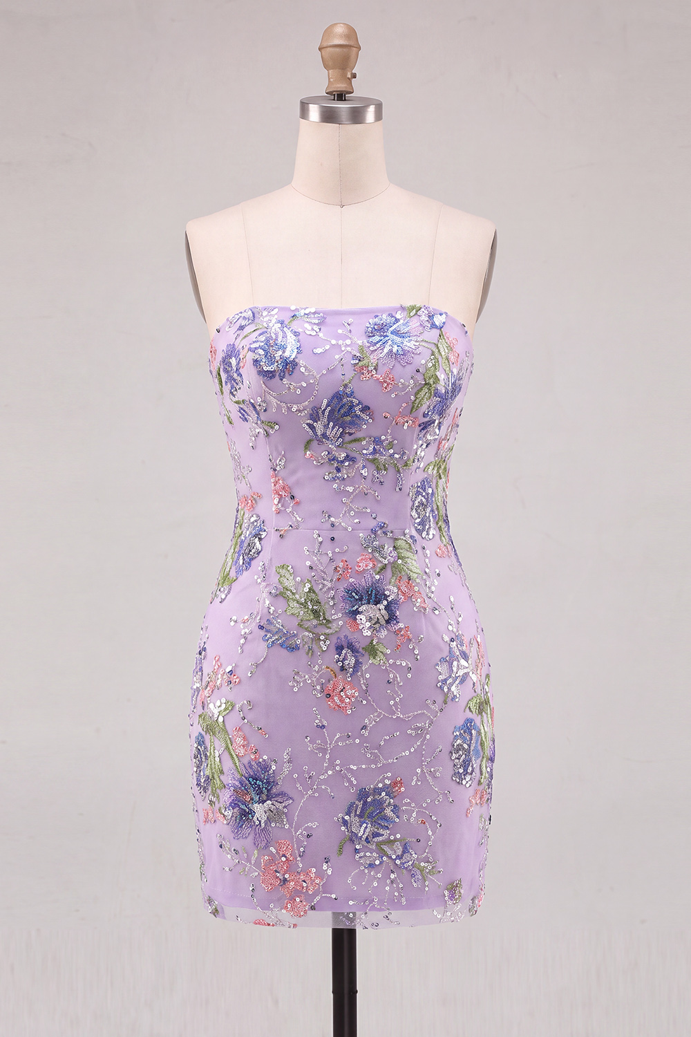 Floral Sparkly Pink Strapless Sequin Tight Short Homecoming Dress