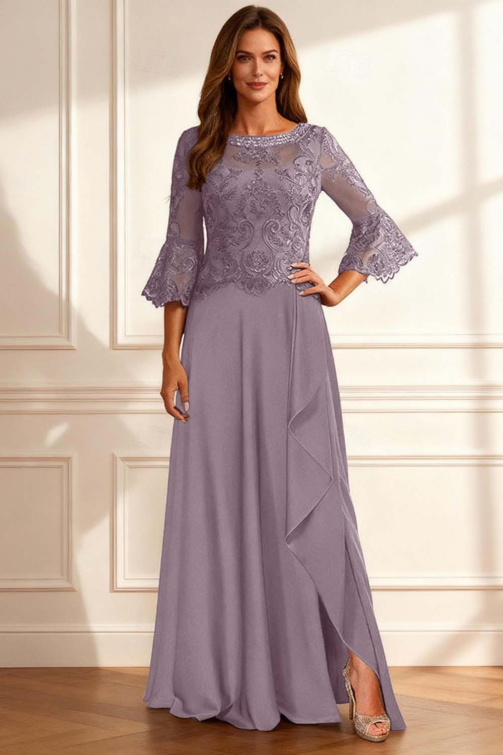 Sparkly Coffee Beaded Ruffled A Line Floor-Length Mother of the Bride Dress with Lace