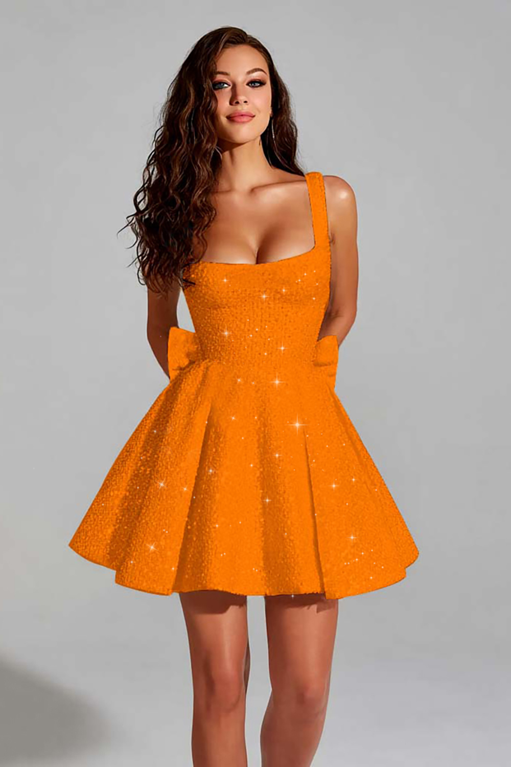 Sparkly Ivory Sequin A-Line Square Neck Short Homecoming Dress with Bow