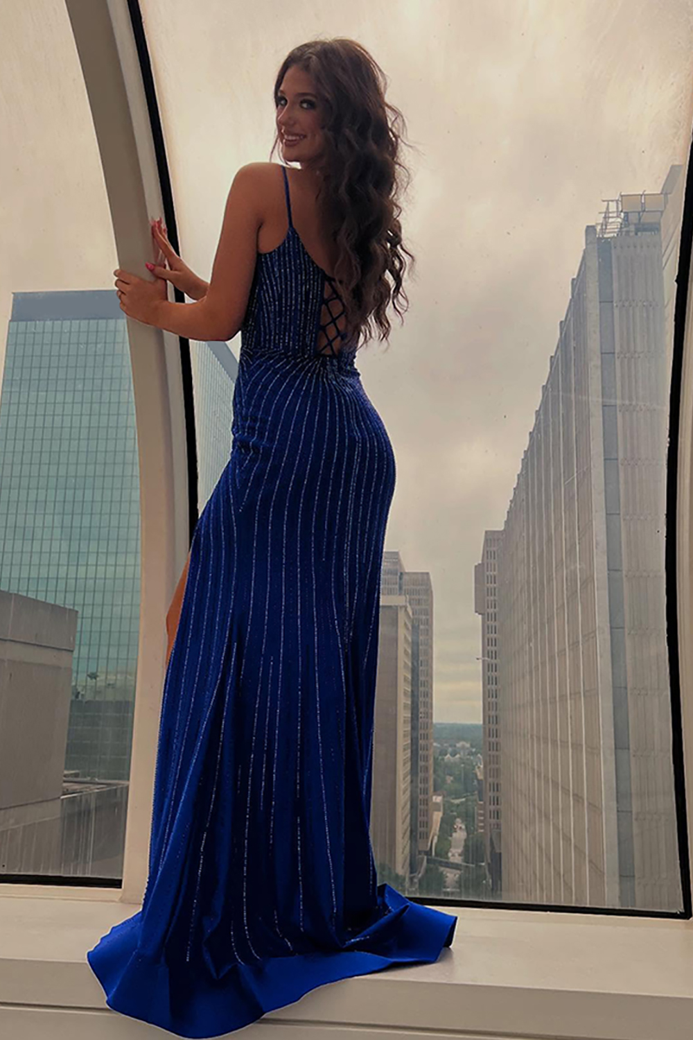 Sparkly Red Beaded Corset Long Prom Dress with Slit