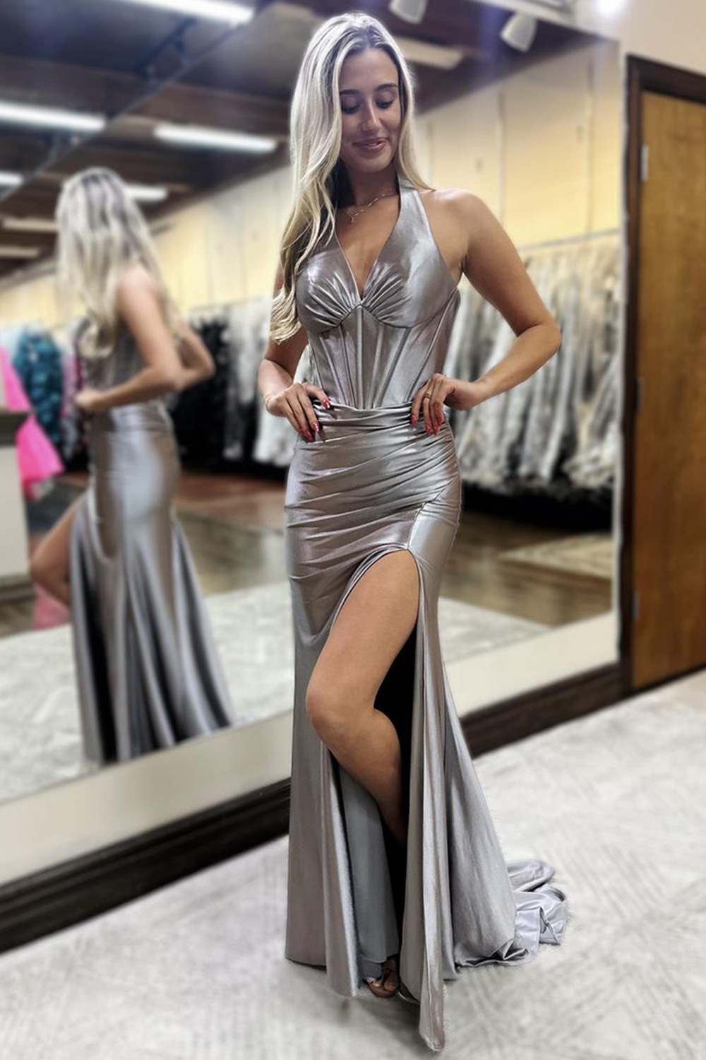 Black Mermaid Ruche Halter Corset Long Prom Dress with Slit