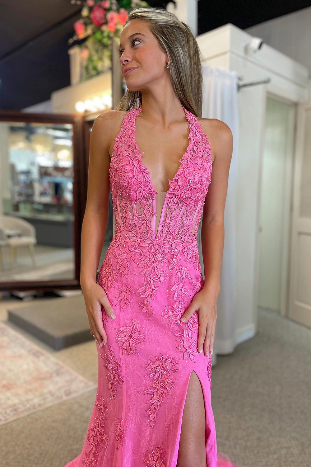 Lilac Halter Mermaid Corset Appliqued Prom Dress with Slit