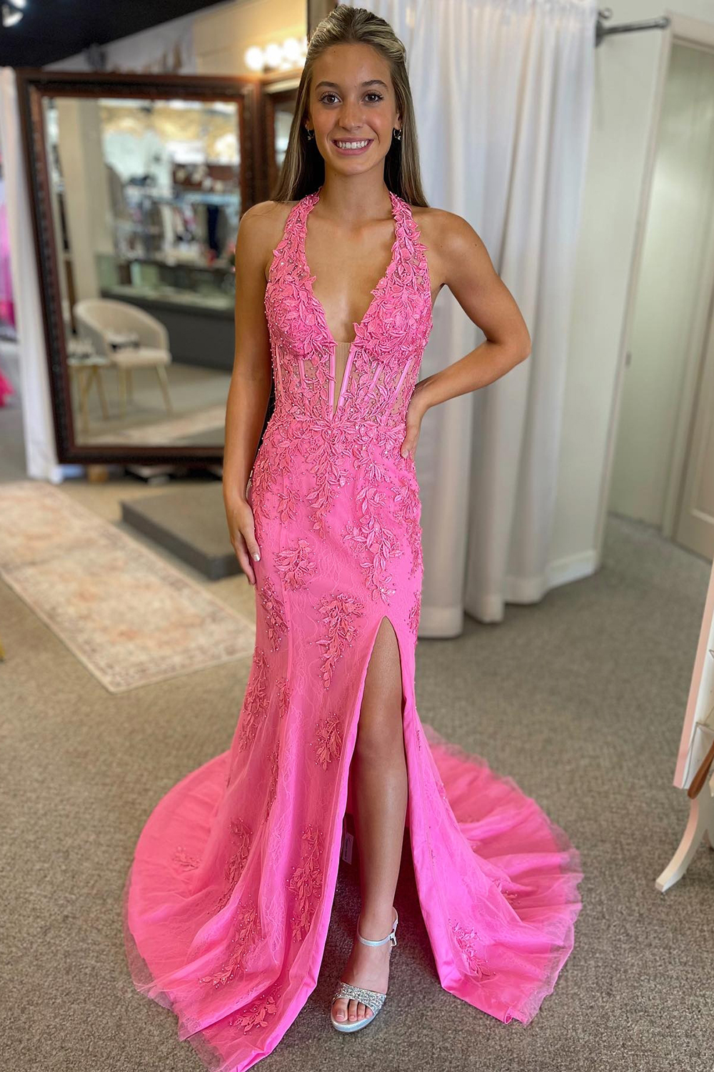 Lilac Halter Mermaid Corset Appliqued Prom Dress with Slit