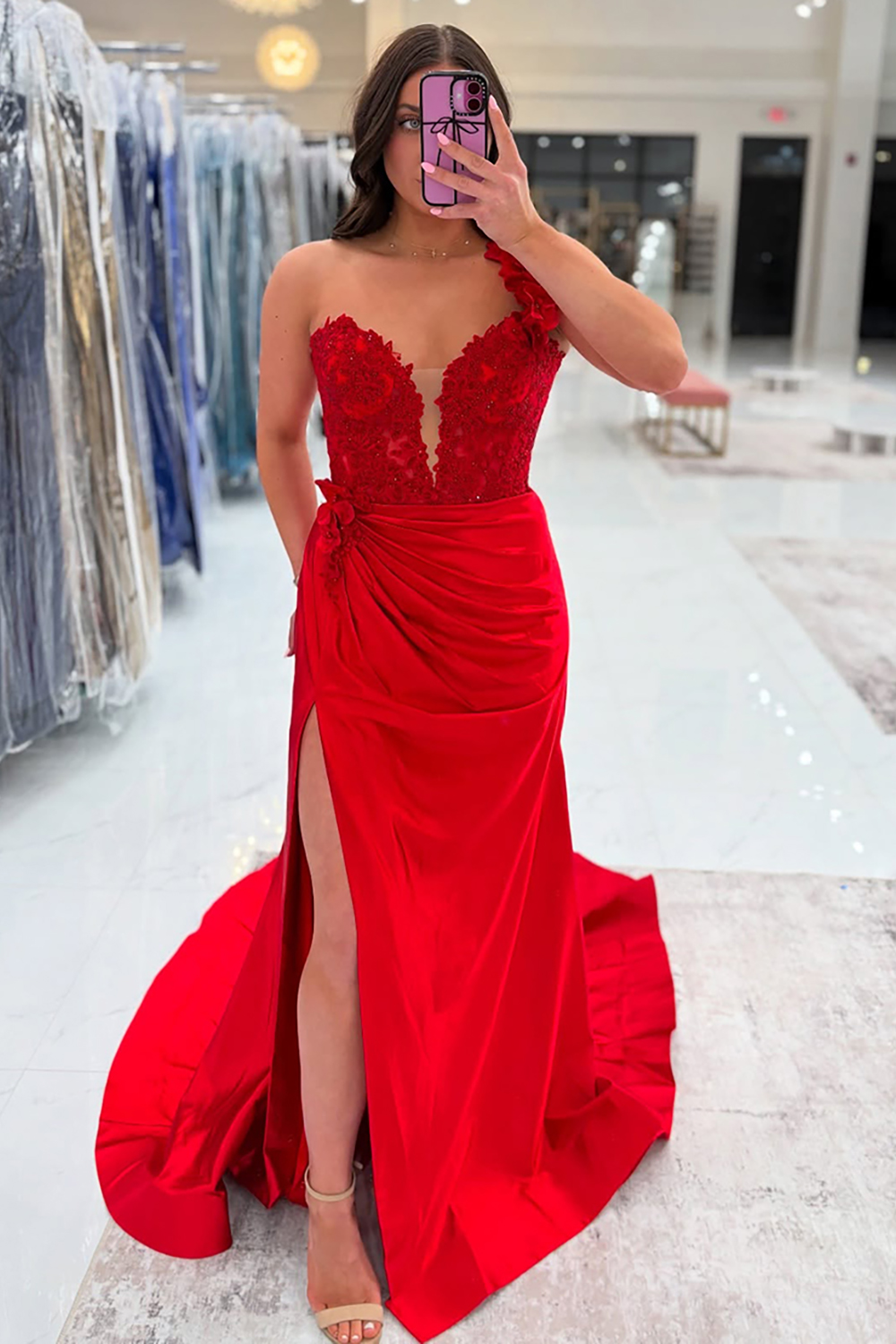 Sparkly Blue One Shoulder Mermaid Satin Long Prom Dress with Slit