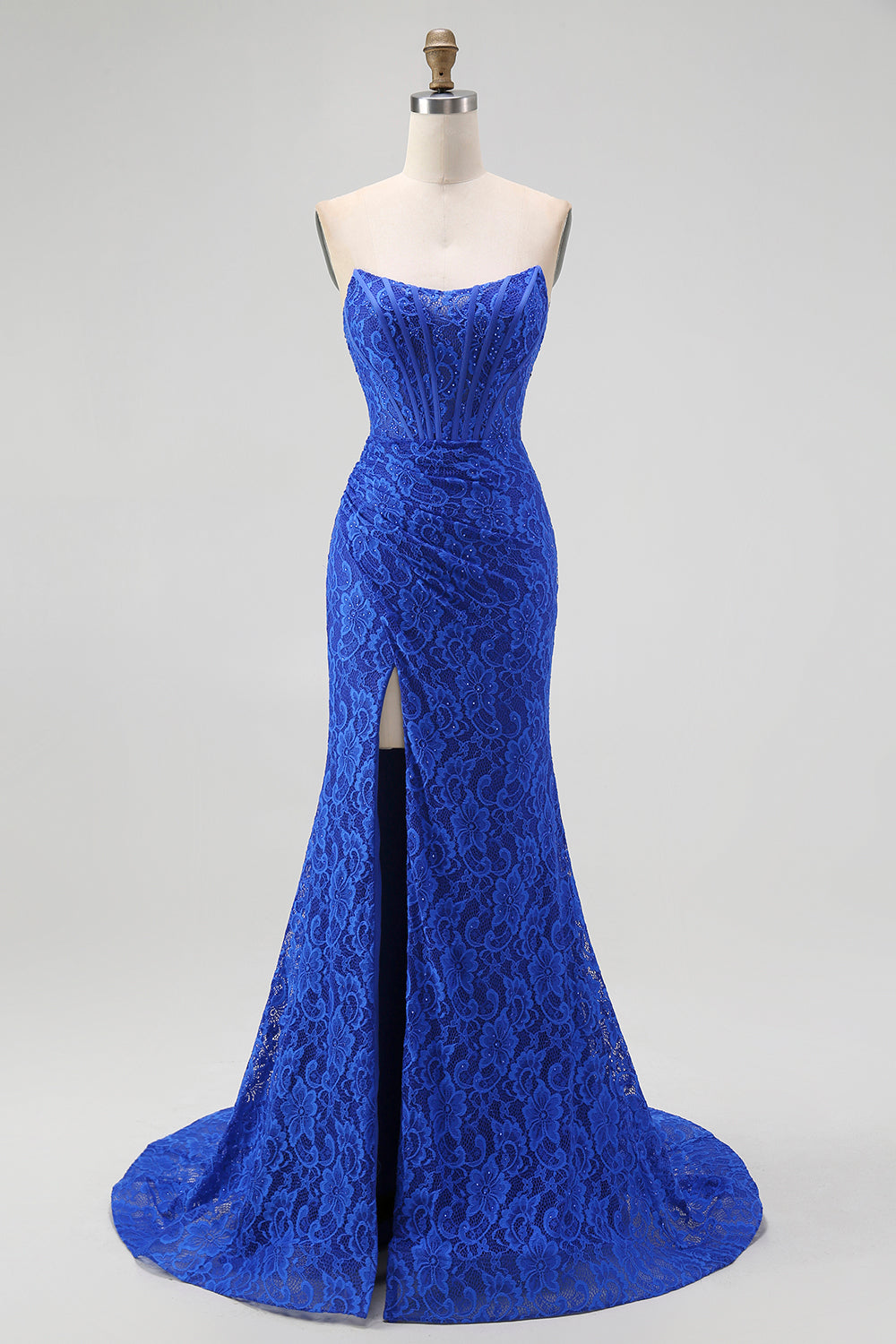 Royal Blue Strapless Mermaid Lace Long Corset Prom Dress with Slit