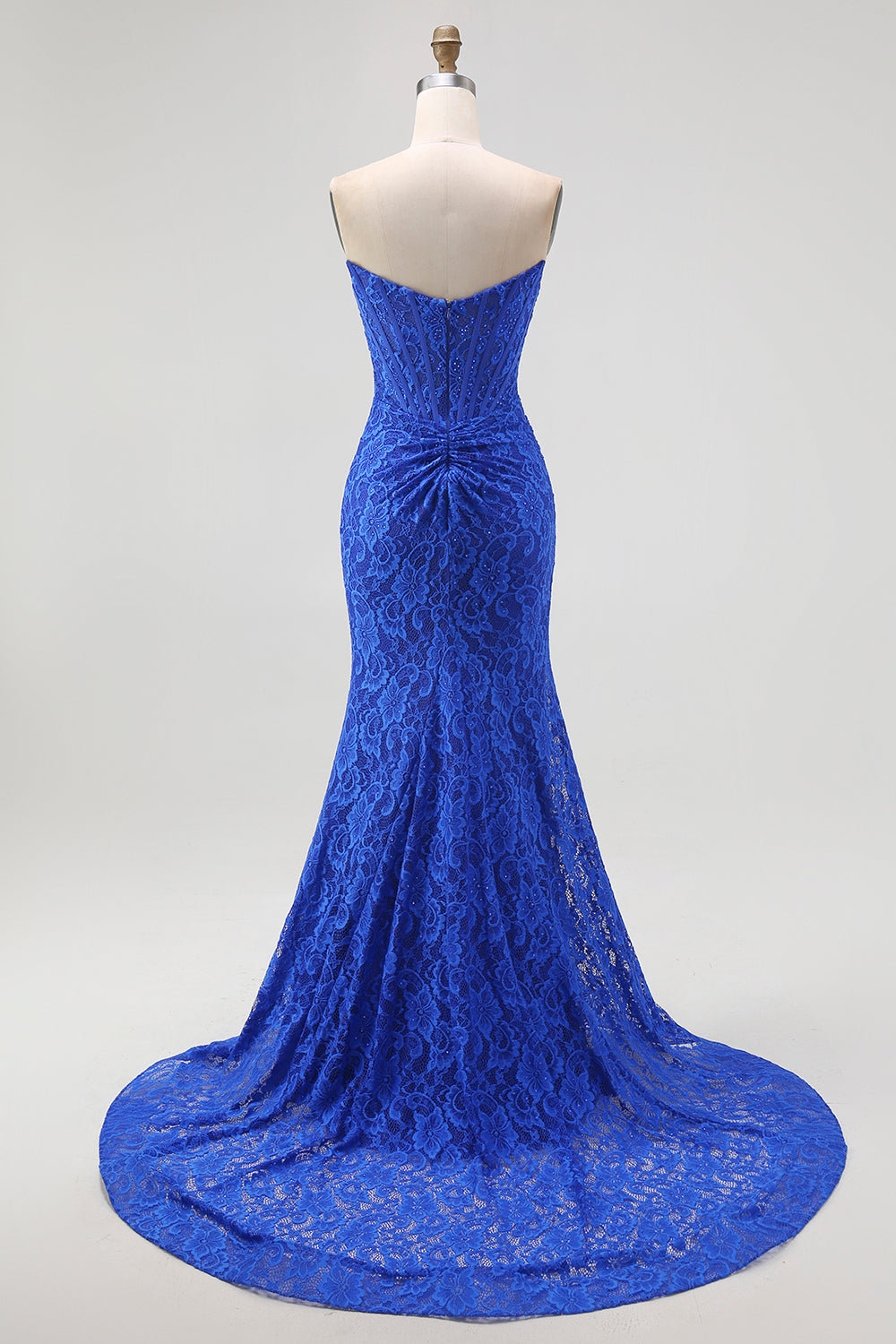 Royal Blue Strapless Mermaid Lace Long Corset Prom Dress with Slit
