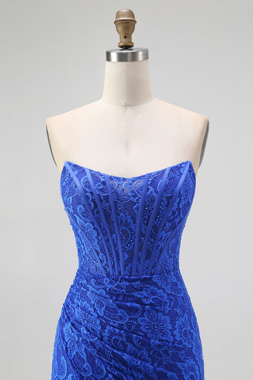 Royal Blue Strapless Mermaid Lace Long Corset Prom Dress with Slit