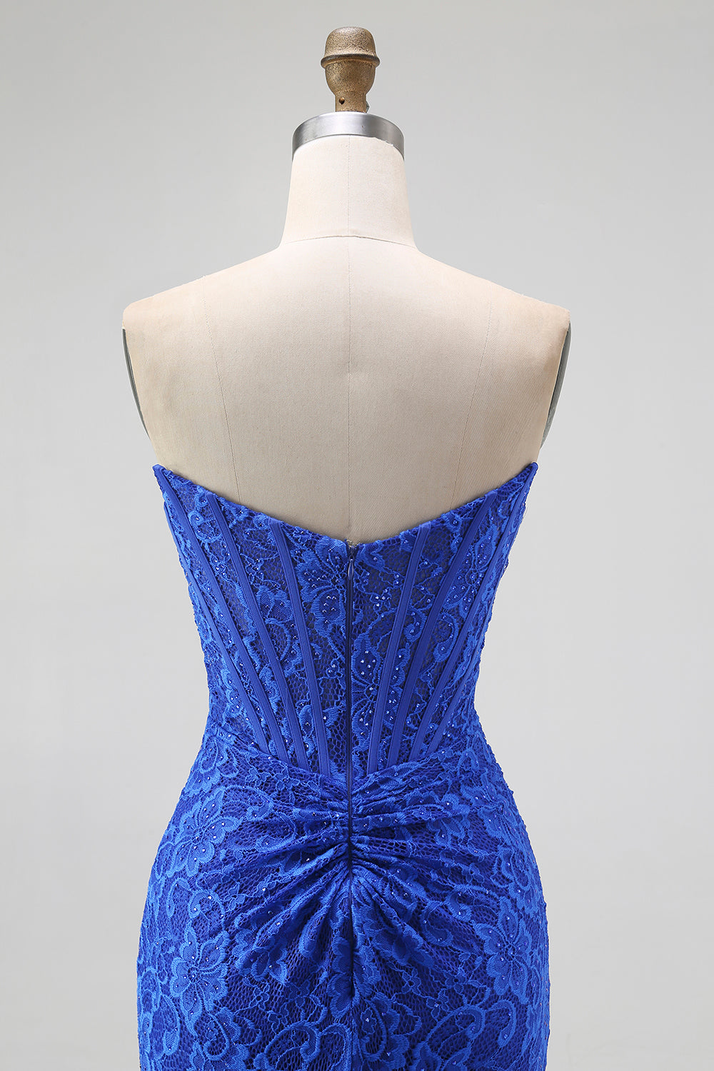 Royal Blue Strapless Mermaid Lace Long Corset Prom Dress with Slit