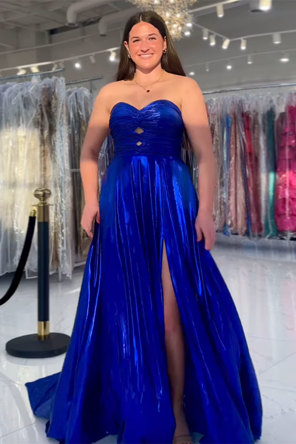A Line Purple Sweetheart Metallic Pleated Long Prom Dress with Slit