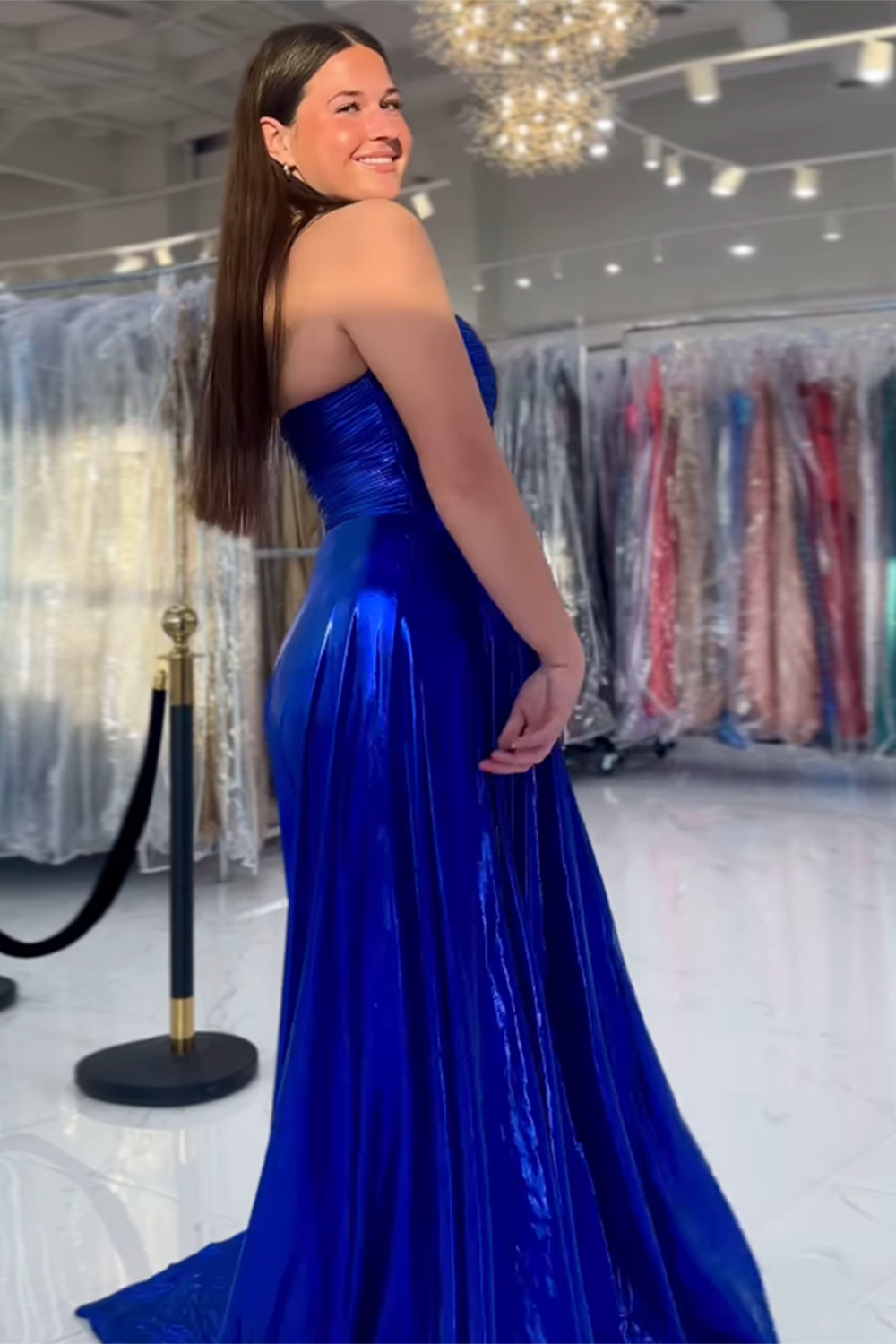A Line Purple Sweetheart Metallic Pleated Long Prom Dress with Slit