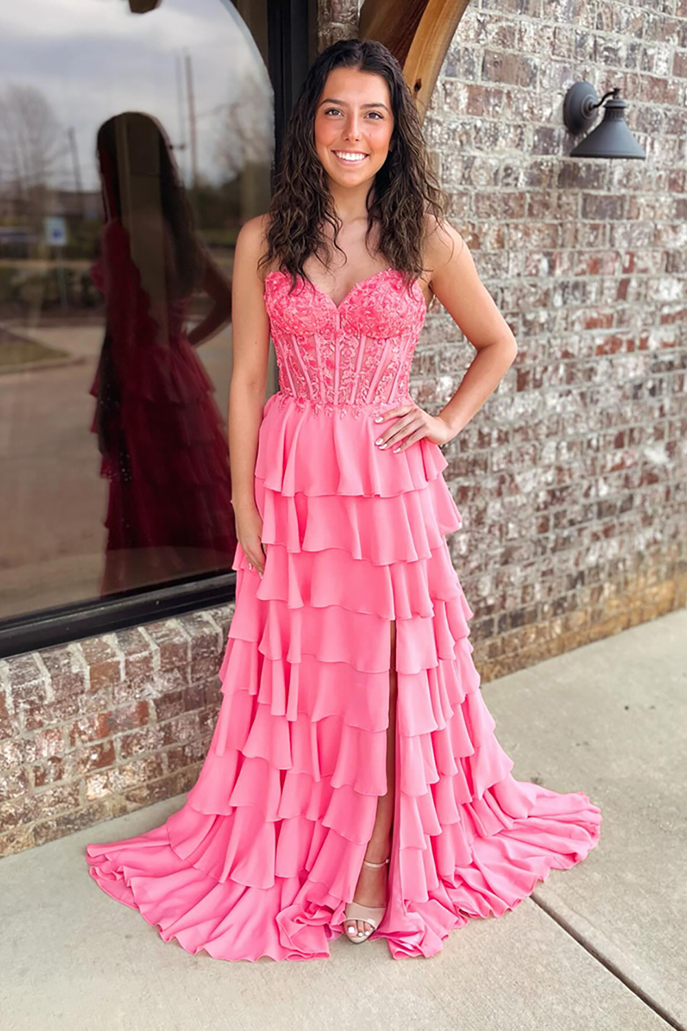 Sparkly Coral Corset Ruffled Tiered Sweetheart Long Prom Dress with Slit