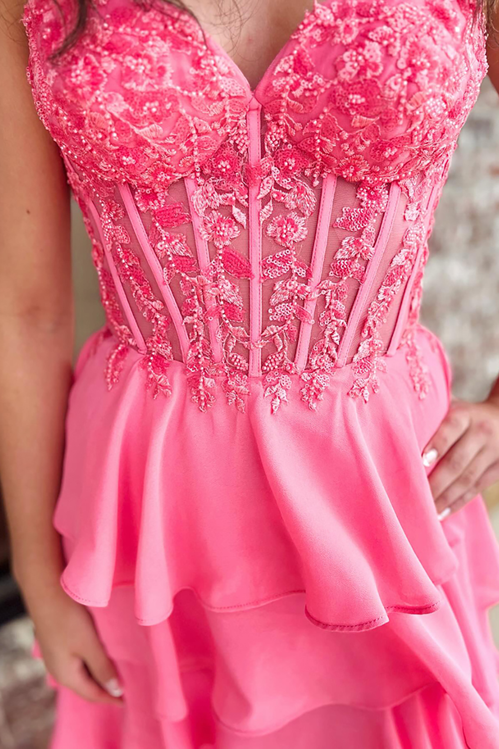 Sparkly Coral Corset Ruffled Tiered Sweetheart Long Prom Dress with Slit