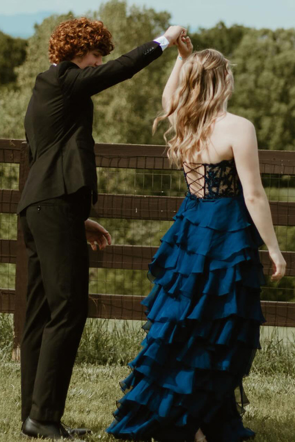 Light Blue A-Line Tiered Chiffon Long Prom Dress with Lace