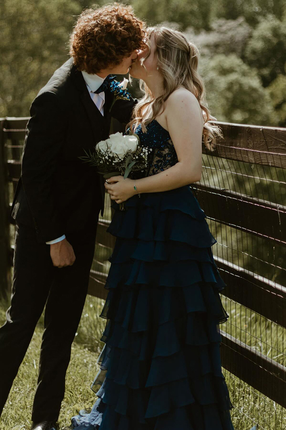 Light Blue A-Line Tiered Chiffon Long Prom Dress with Lace