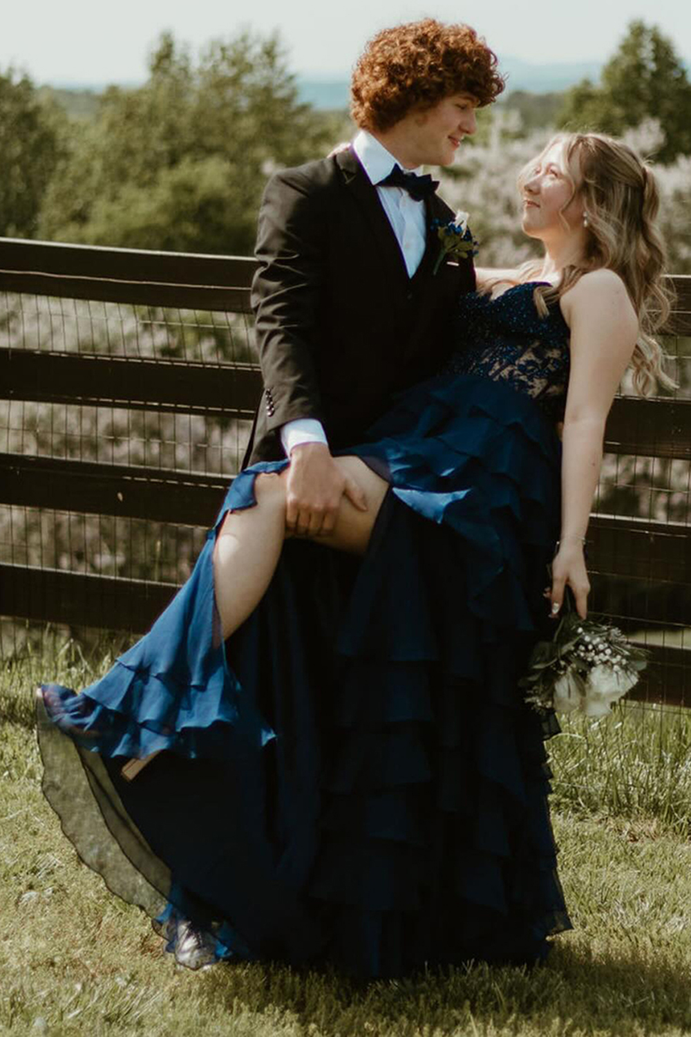 Light Blue A-Line Tiered Chiffon Long Prom Dress with Lace