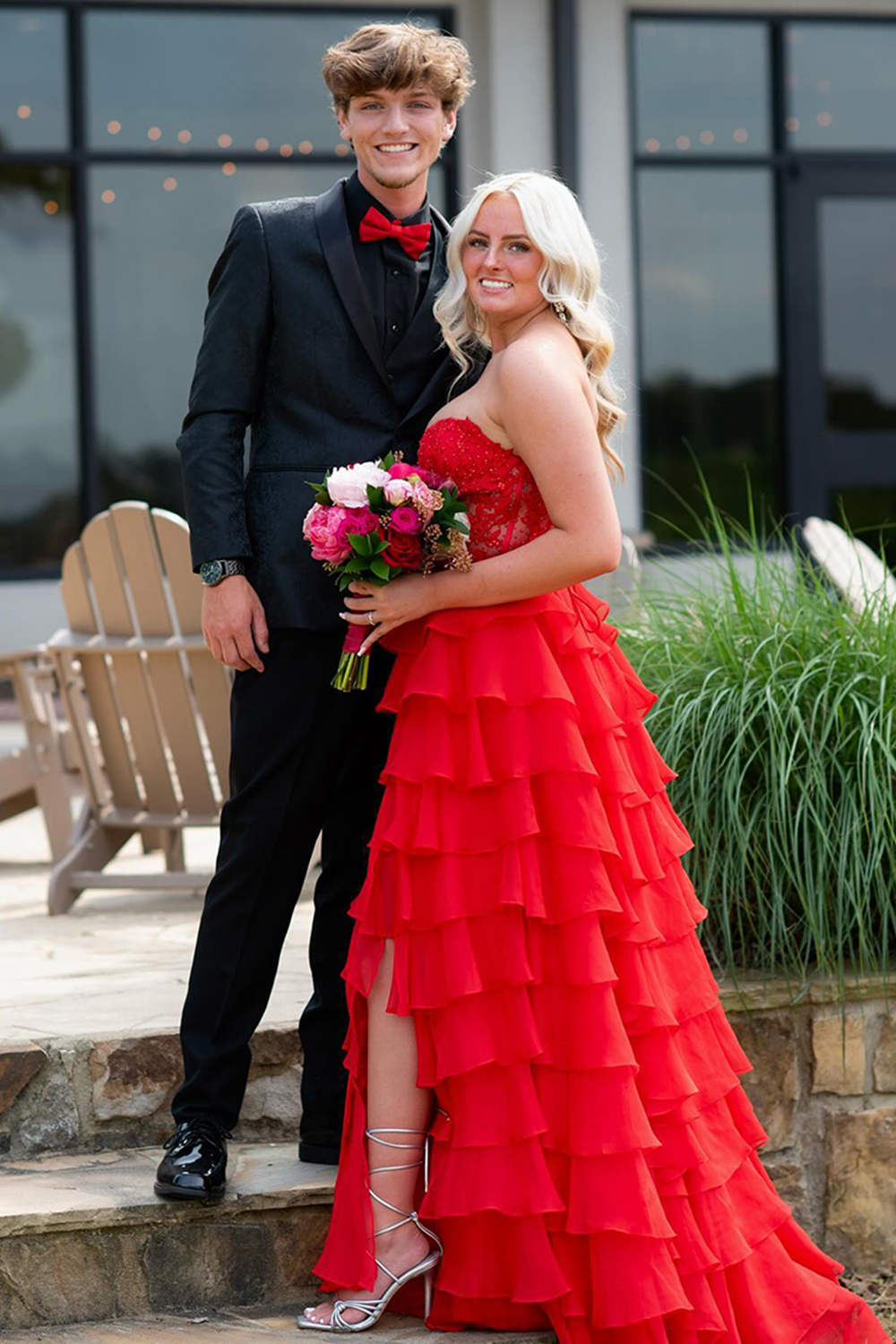 Light Blue A-Line Tiered Chiffon Long Prom Dress with Lace