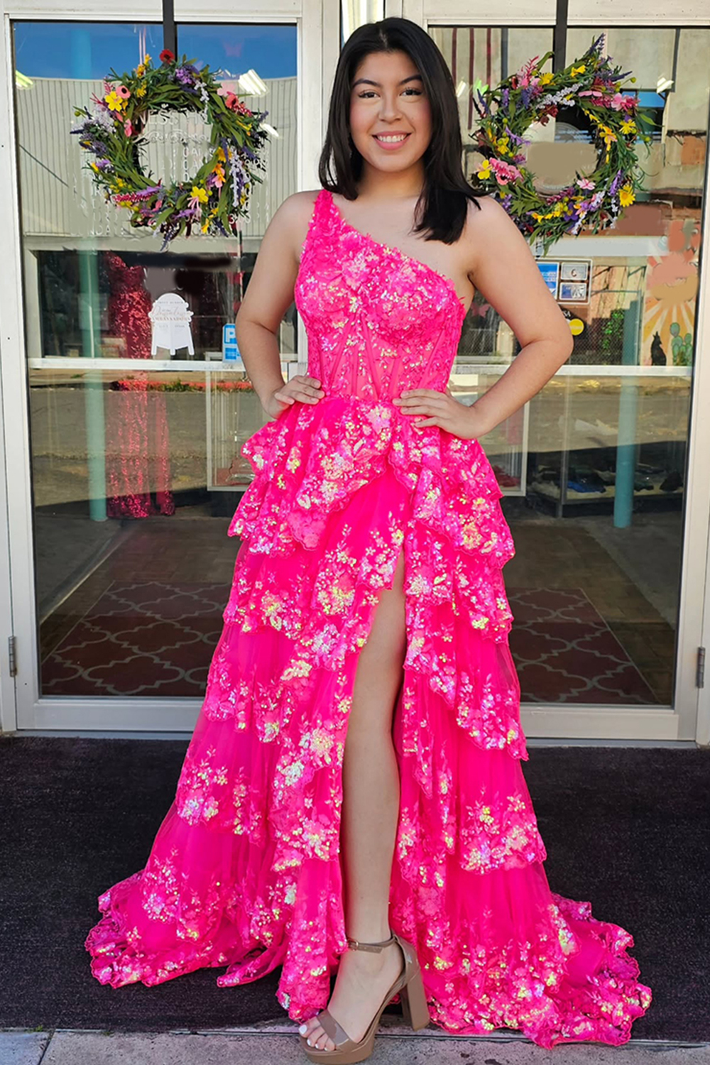 Sparkly Lilac One Shoulder Tiered Lace Long Prom Dress with Slit