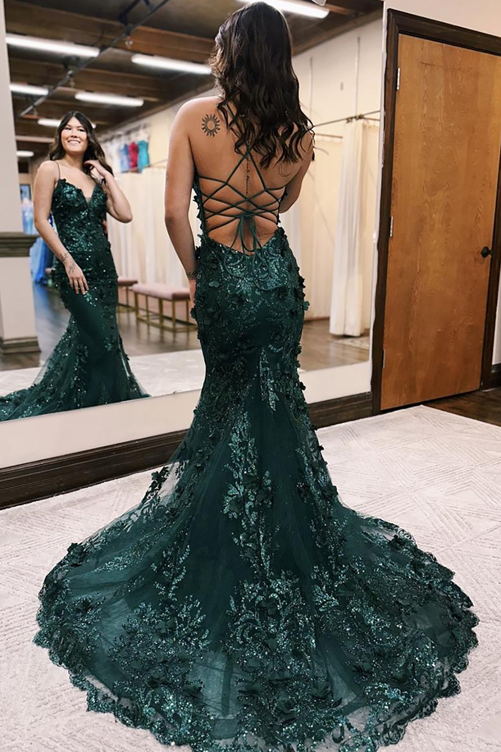 Sparkly Dark Green Mermaid Lace-Up Back Long Prom Dress with 3D Flowers