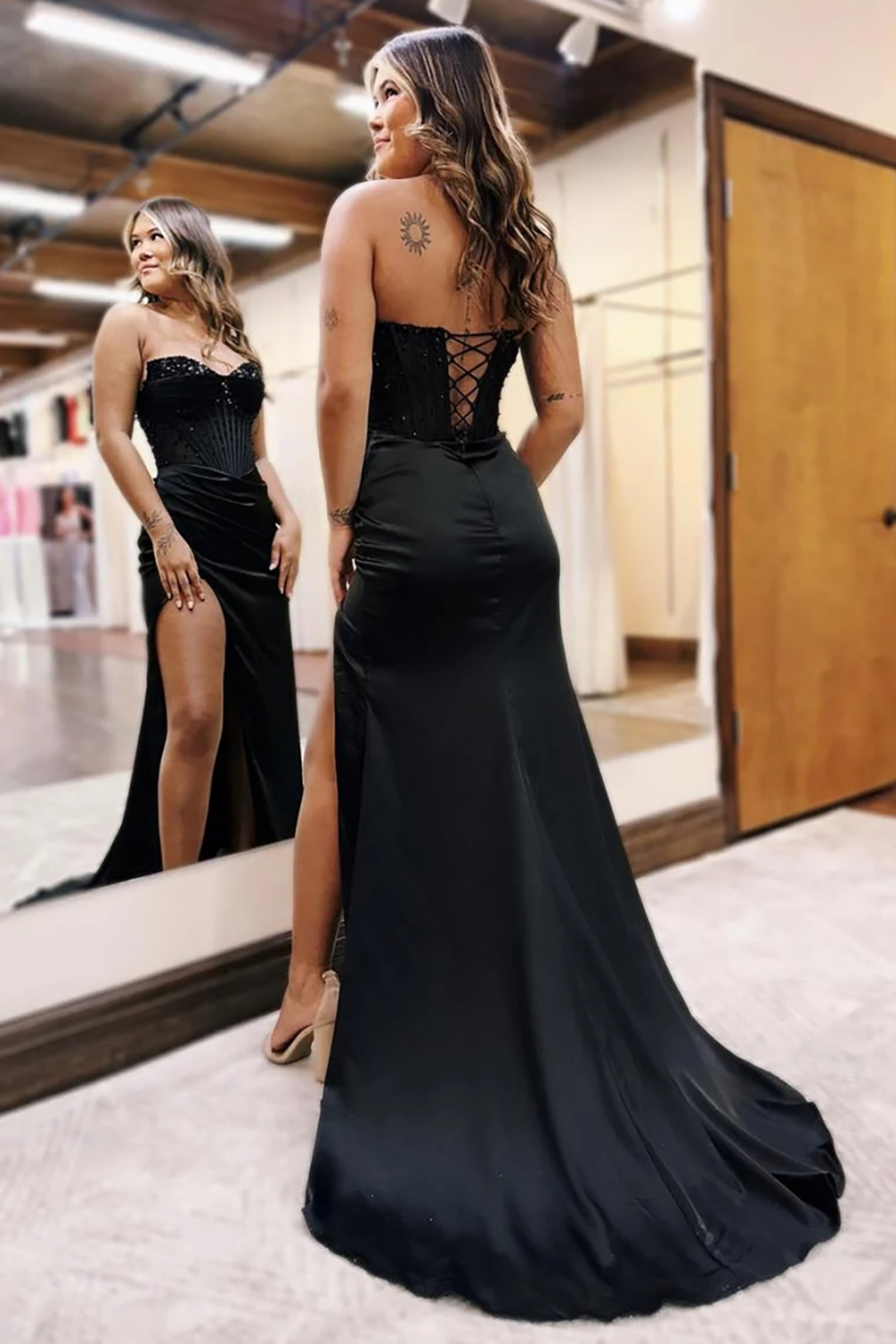 Sparkly Sweetheart Black Long Corset Prom Dress with Slit