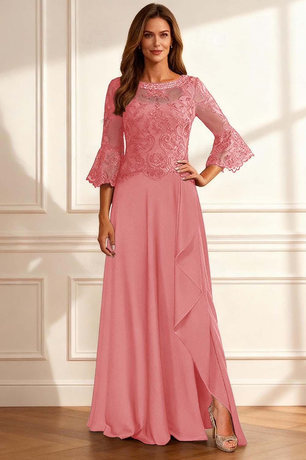 Sparkly Coffee Beaded Ruffled A Line Floor-Length Mother of the Bride Dress with Lace