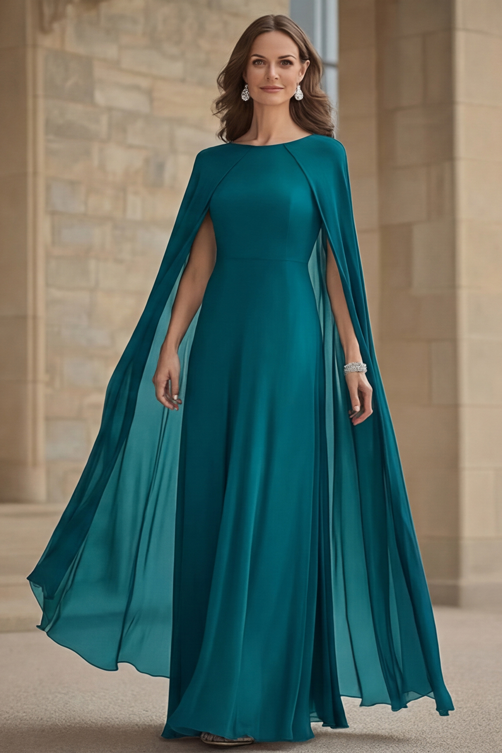 Scoop Neck Chiffon Navy Mother of the Bride Dress with Cape