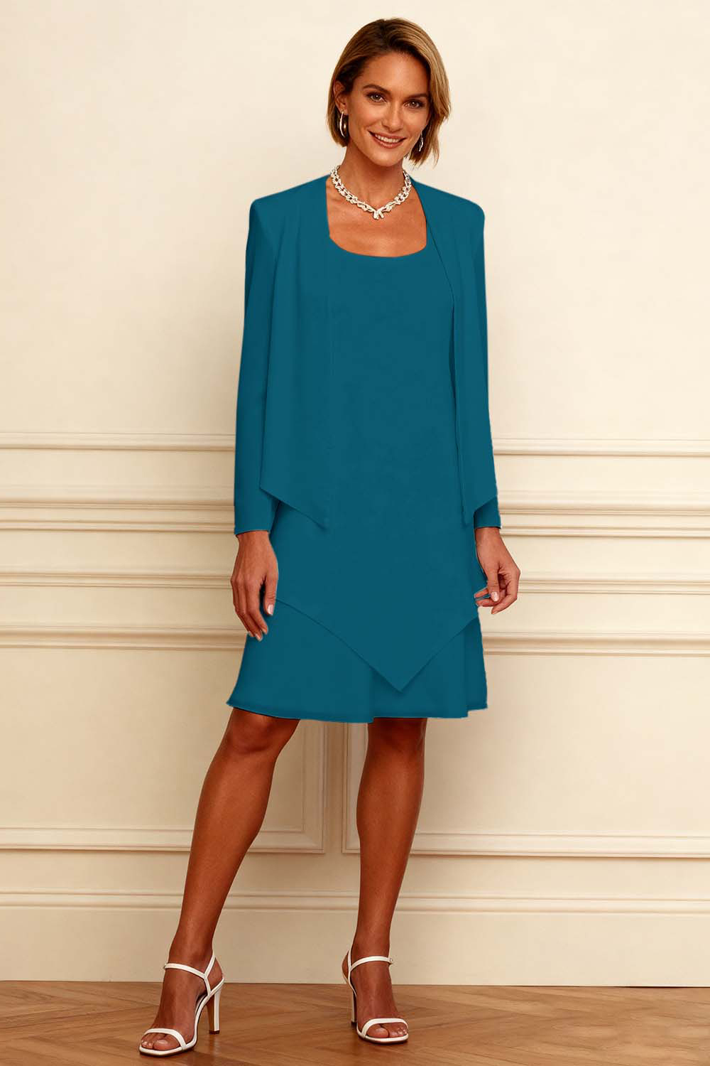 Ivory Scoop Neck Chiffon Knee-Length 2-Piece Mother of the Bride Dress with Jacket