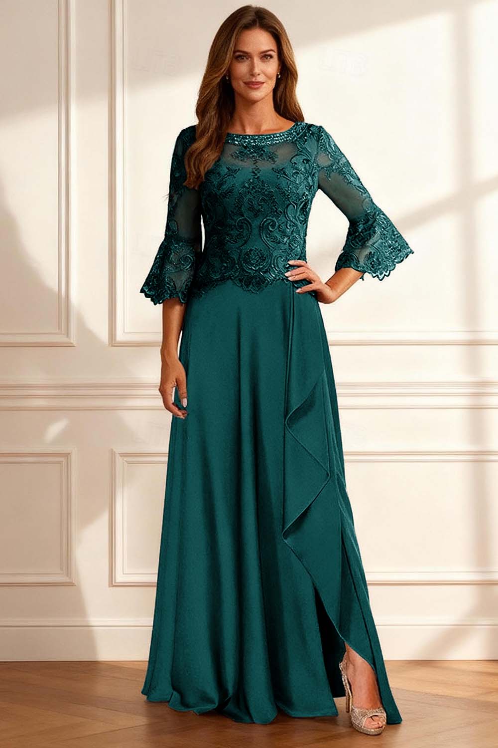 Sparkly Coffee Beaded Ruffled A Line Floor-Length Mother of the Bride Dress with Lace