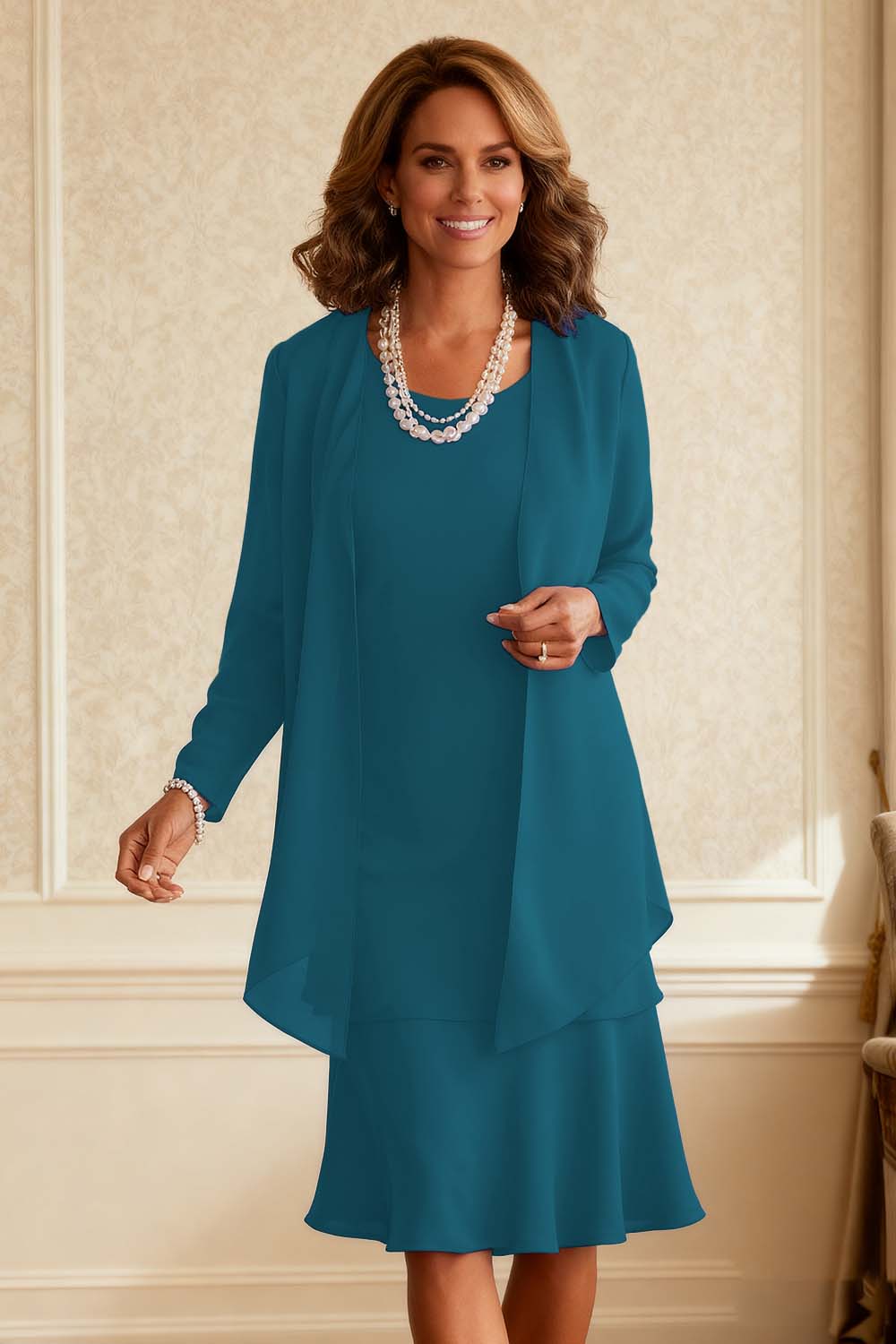 Royal Blue Chiffon Scoop Neck Knee-Length 2-Piece Mother of the Bride Dress with Jacket
