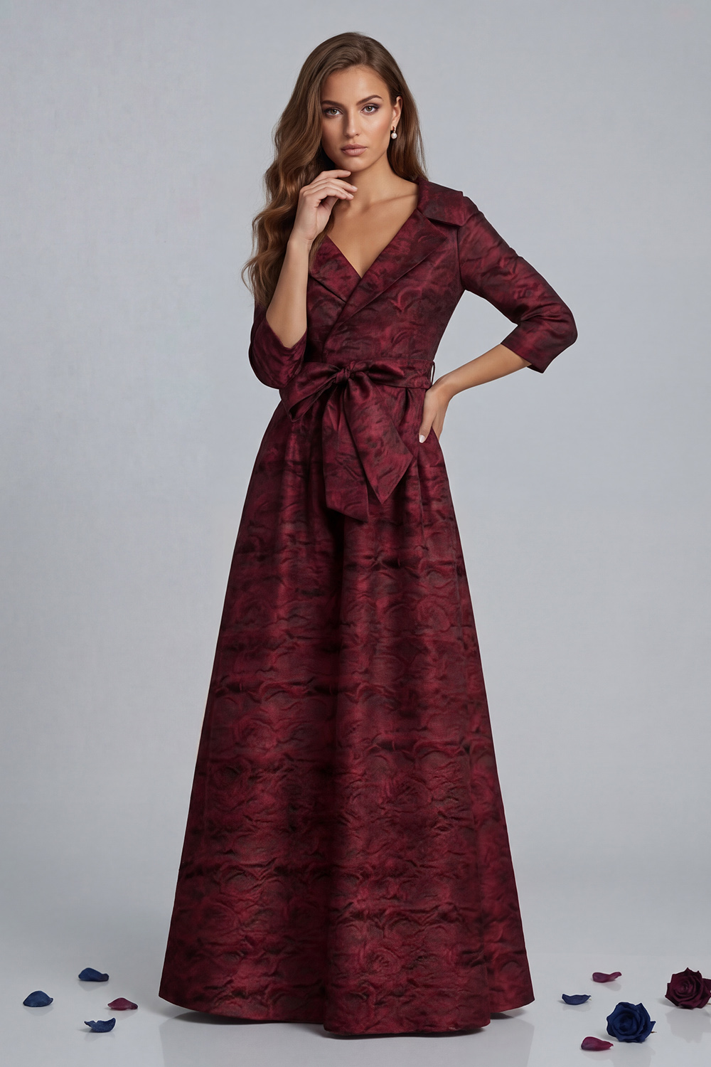 Burgundy Jacquard A Line Notched Lapel Long Mother of the Bride Dress with Bow