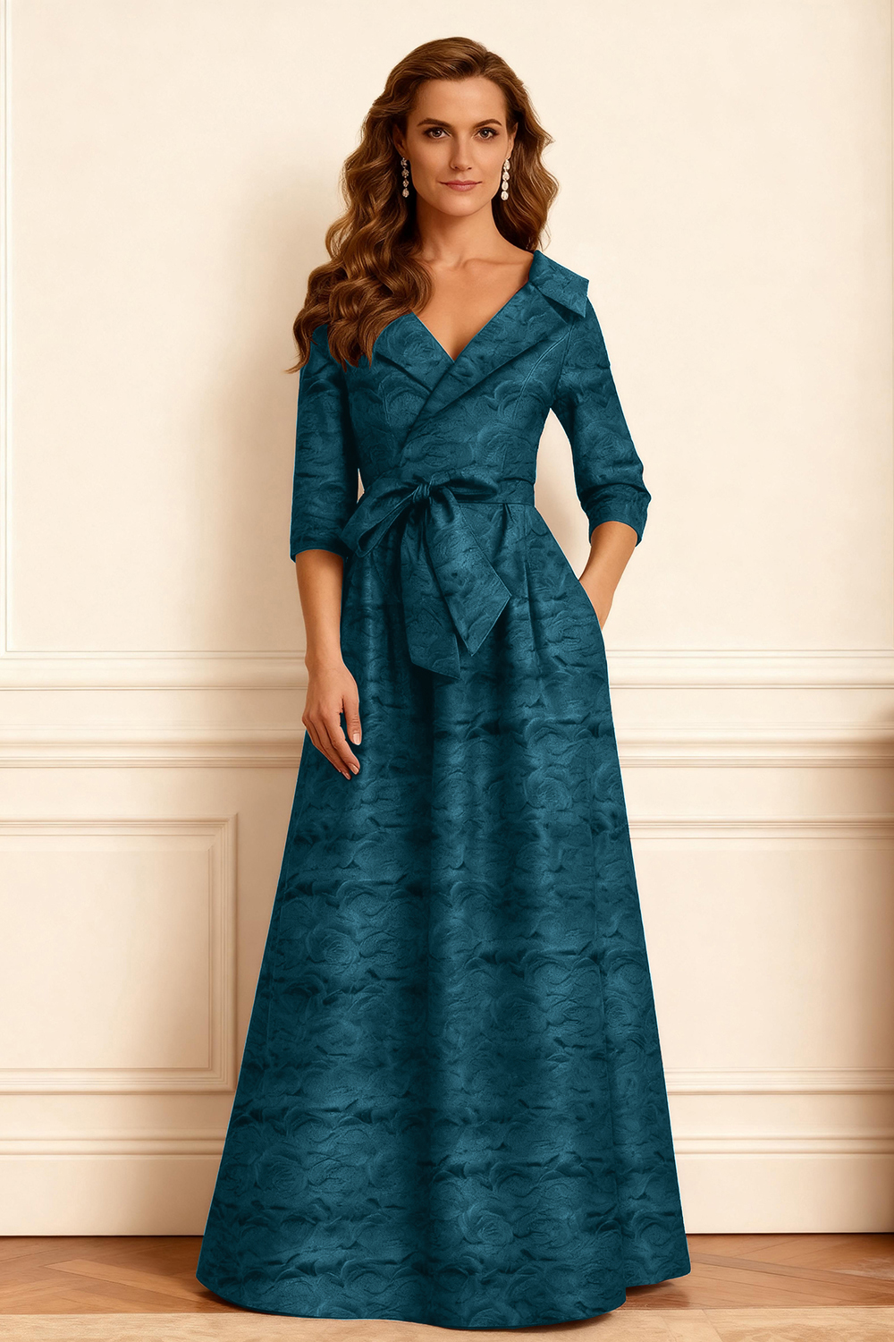 Burgundy Jacquard A Line Notched Lapel Long Mother of the Bride Dress with Bow