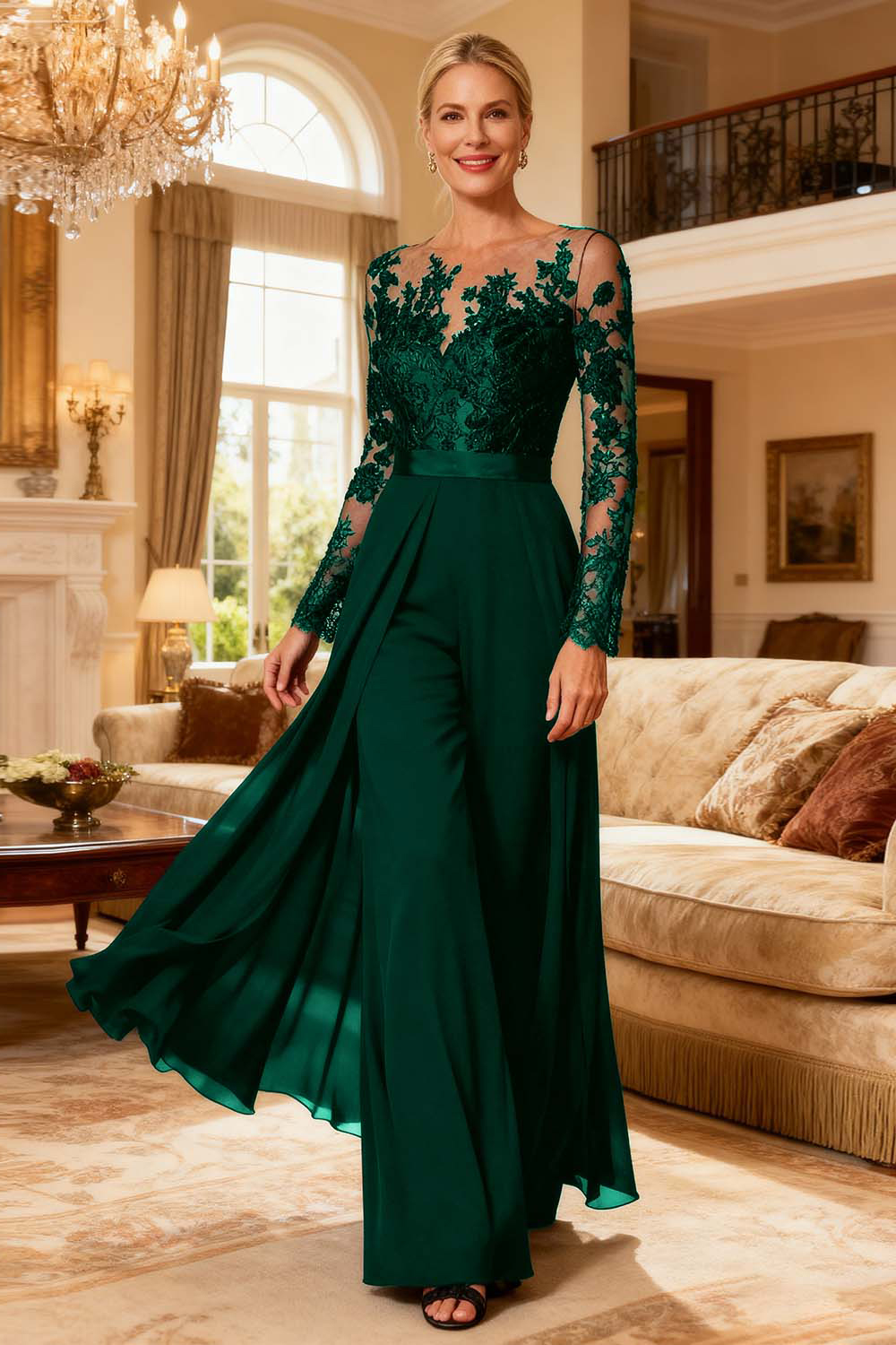 Black Chiffon Illusion Neck Mother Of The Bride Pant Suits with Side Cape