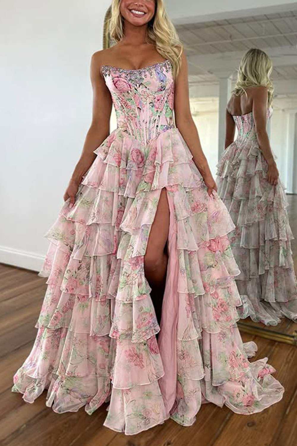 Sparkly Blue Floral Corset Ruffled Tiered A-Line Long Prom Dress with Slit